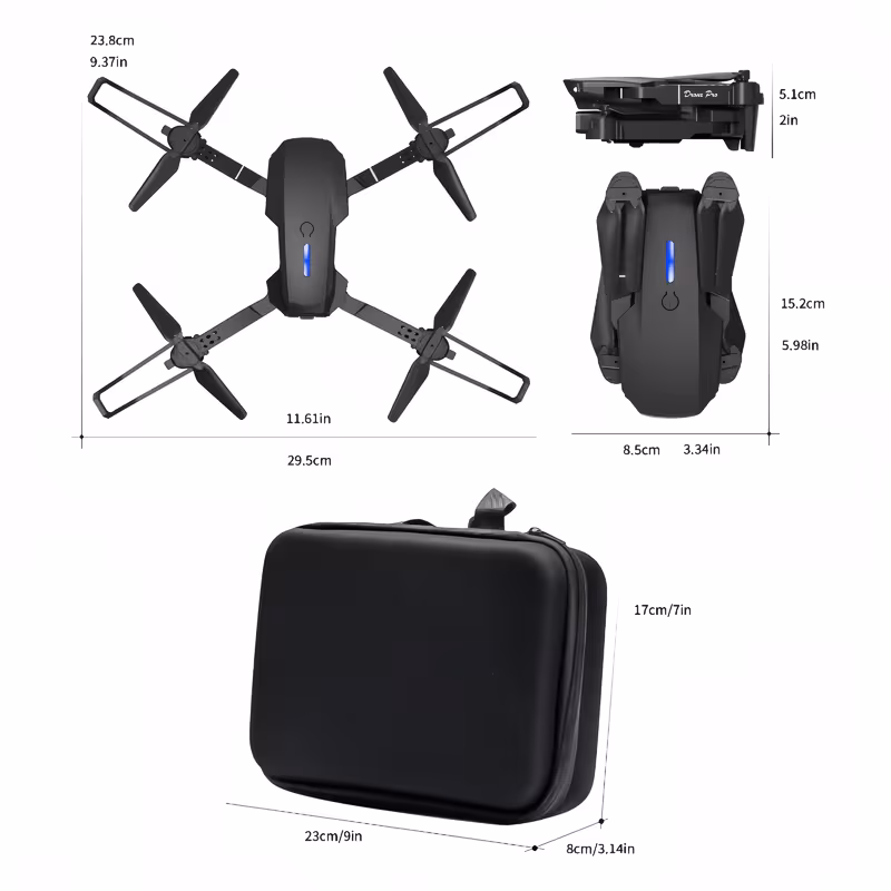 Mini dron s kamero z označenimi dimenzijami in praktično torbico za prenašanje, idealen za potovanja in izlete.