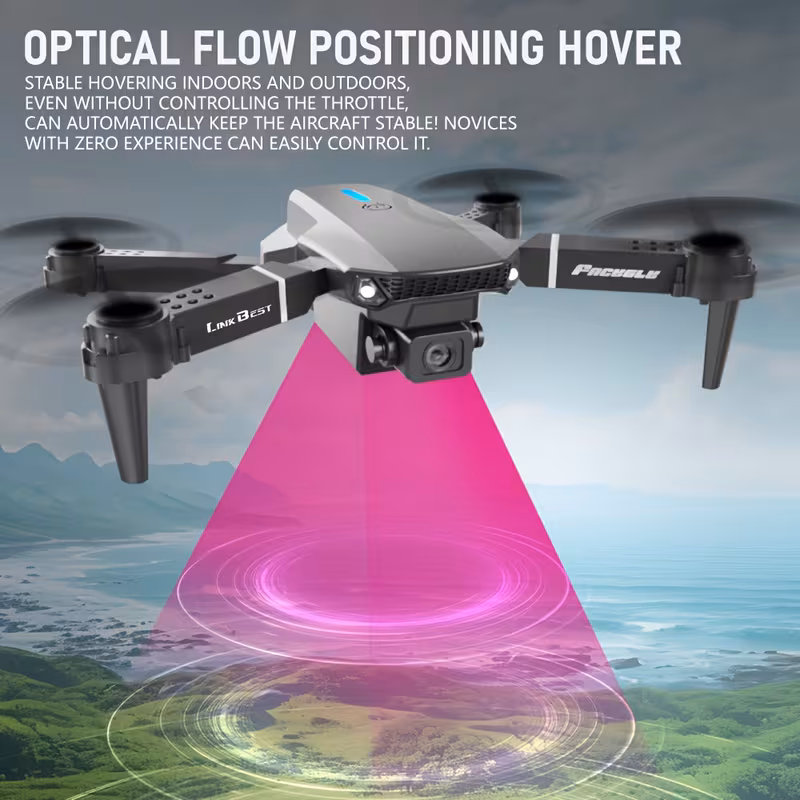 Mini dron s kamero z optičnim flow pozicioniranjem za stabilno lebdenje in jasne zračne posnetke za začetnike.