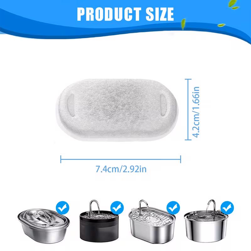 Ovalni filter za mačjo fontano z jasno označenimi dimenzijami izdelka